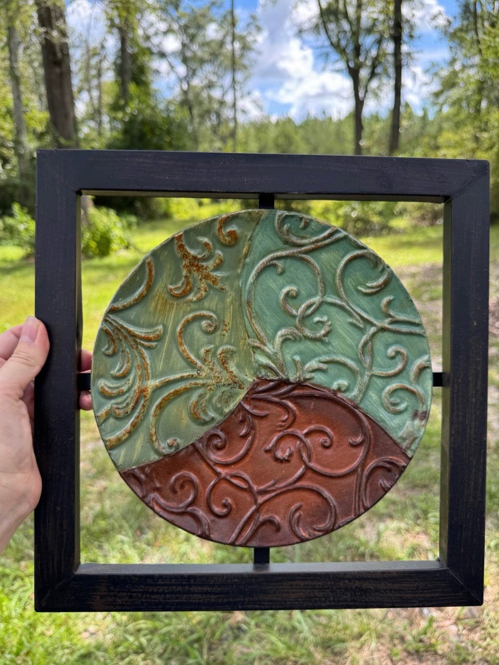 Metal Wall Art Decor – Rustic Embossed Circle in Black Wood Frame